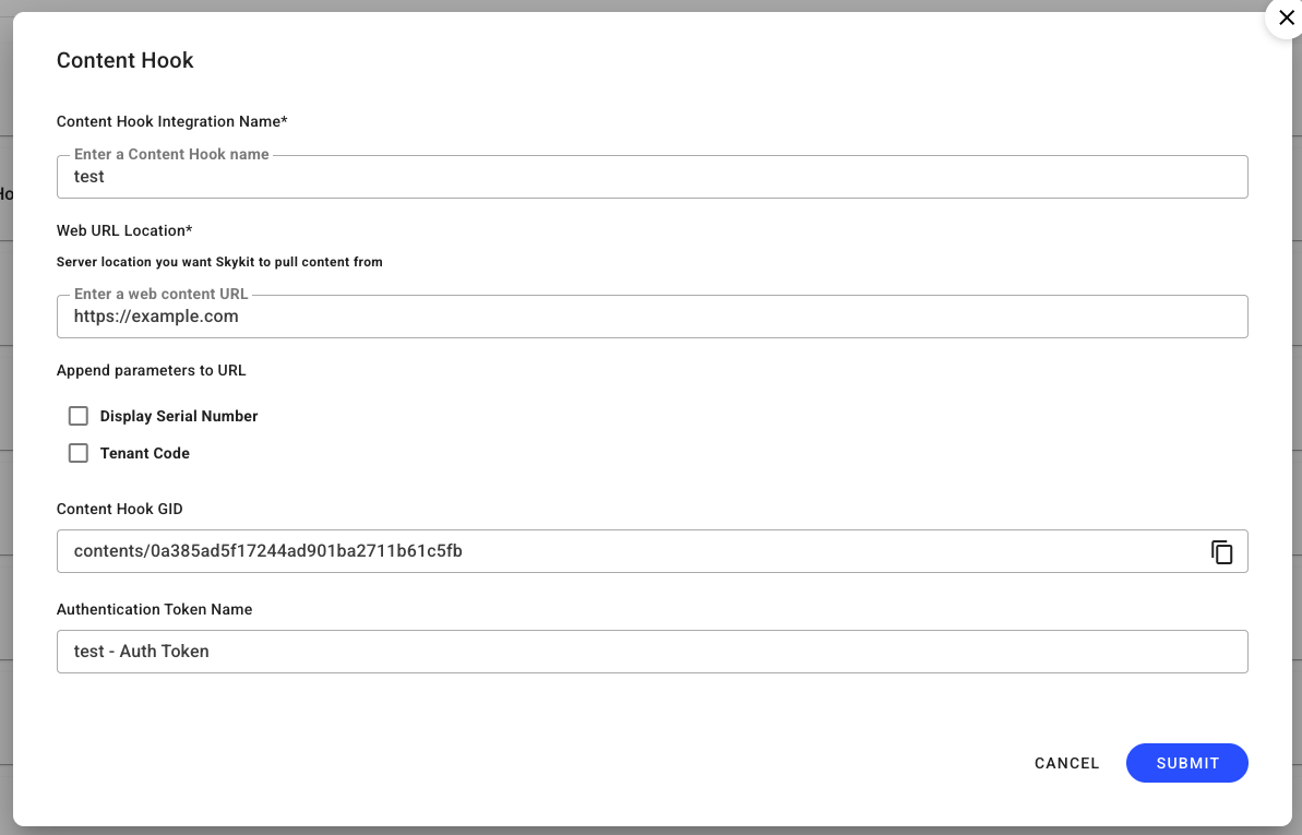 Content Hook integration form with fields for URL and authentication details.